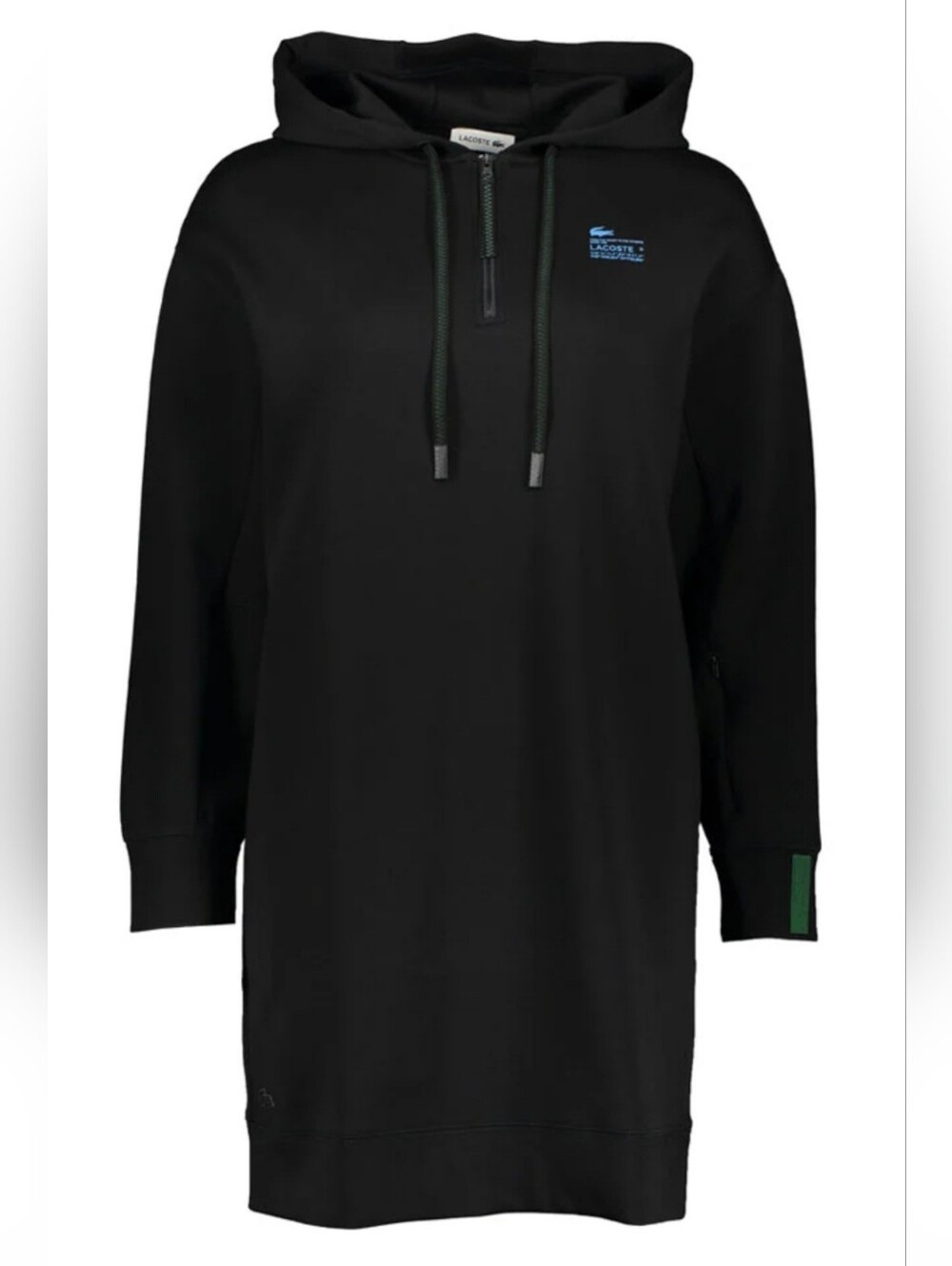Lacoste Black Hoodie Dress with Green Trim and Blue Logo